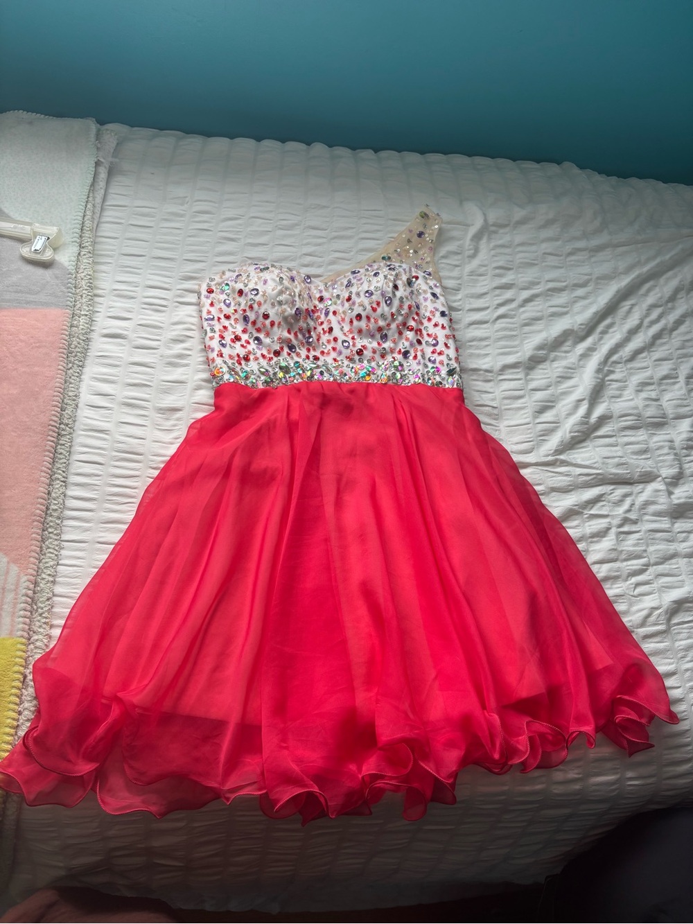 One-Shoulder Hot Pink Prom Dress with Jeweled White Bodice
